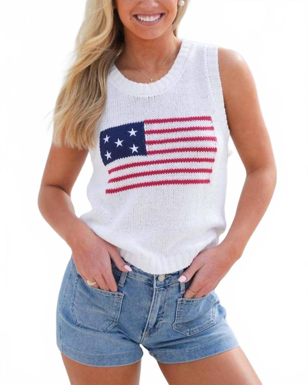 NEW HIDDENBRAND crewneck american flag knit tank top in white